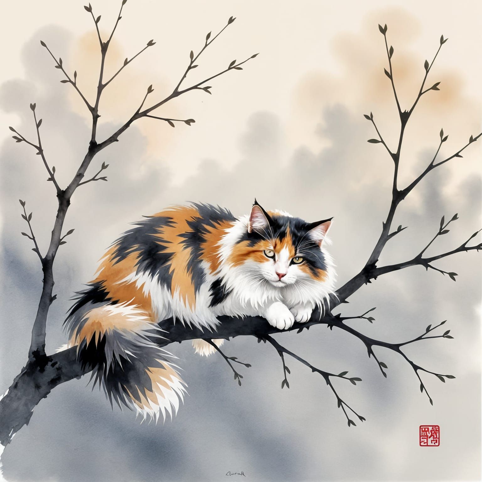 Calm Cat on Leafless Branch in Watercolor Style