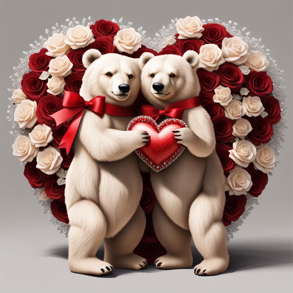 Valentine's Bears with Red Heart and Roses