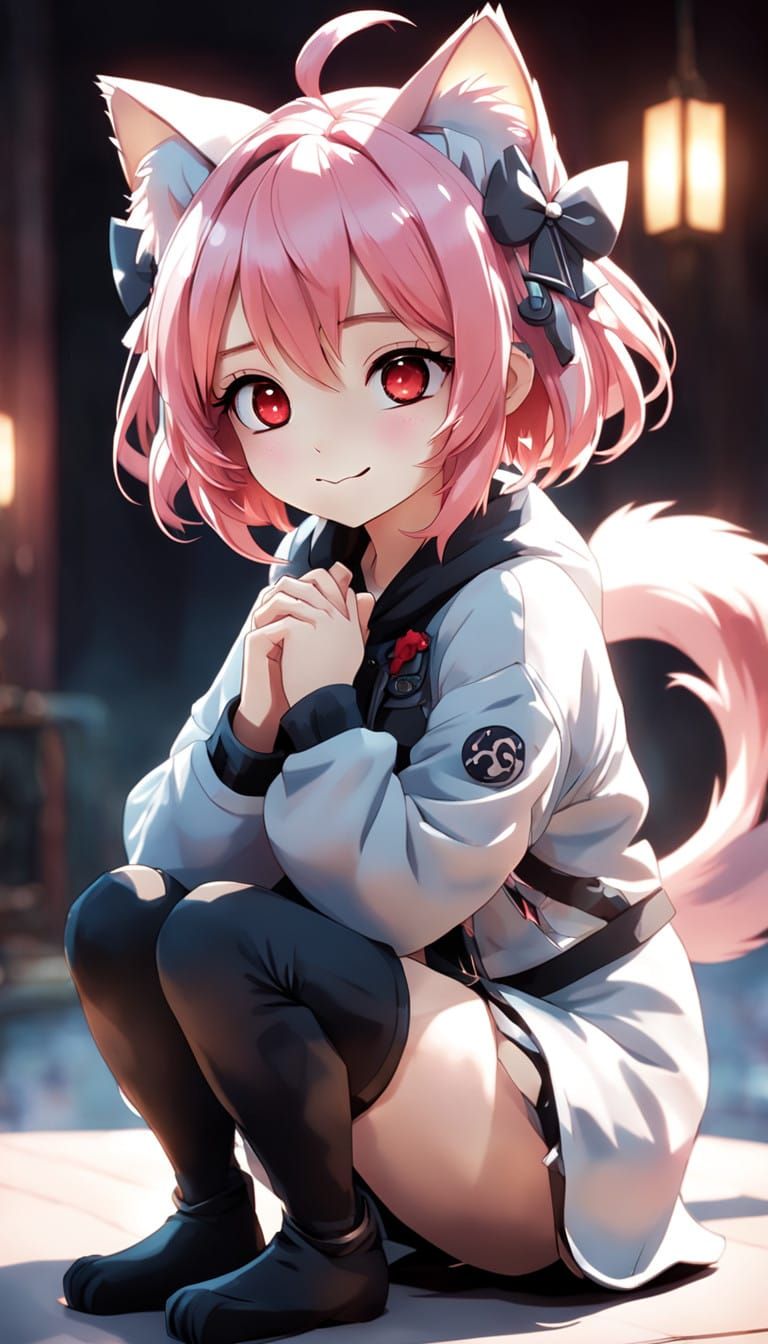 Anime Girl with Red Eyes and Pink Hair in Serene Cat Ears Po...