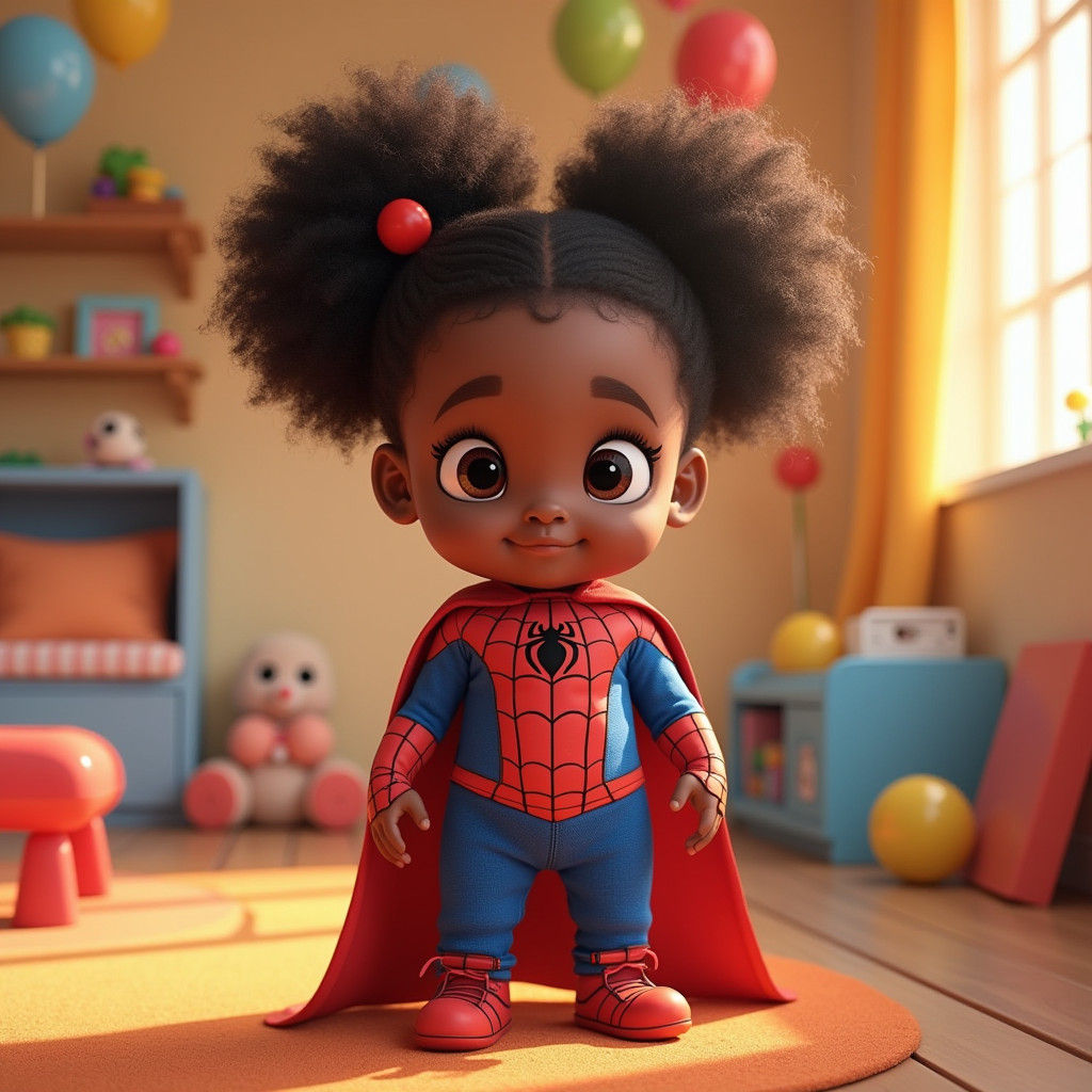 Playful Afro Girl as Spidersona in Vibrant Playroom