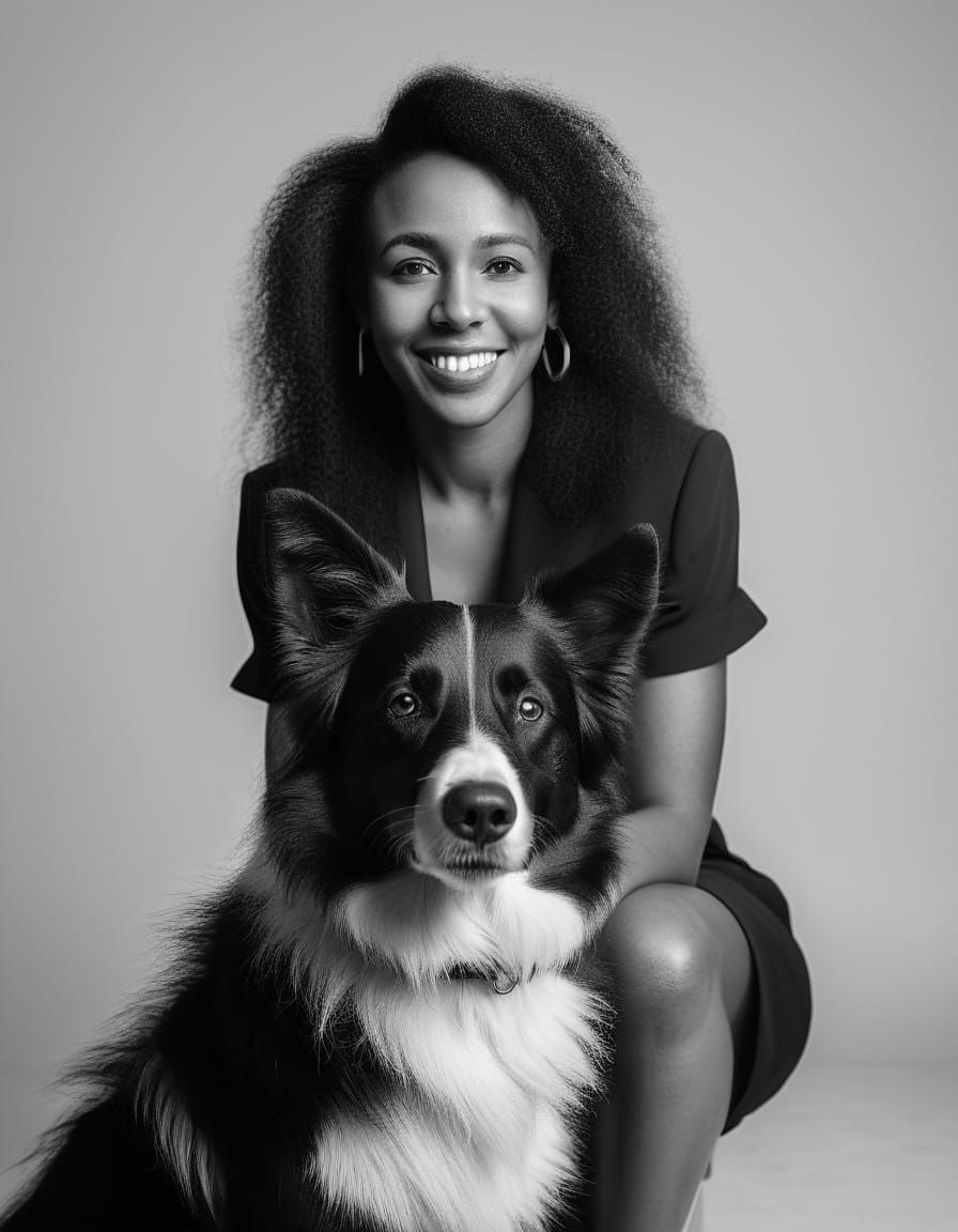 Monochrome Portrait of Woman with Border Collie