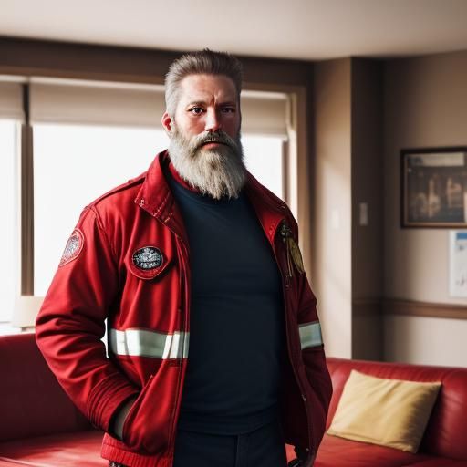 Fireman in Red Jacket Standing in Living Room