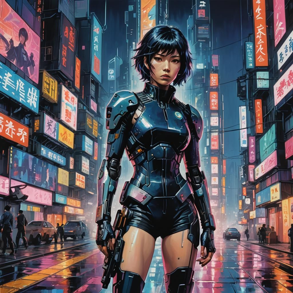 Cyberpunk Cityscape with Cyborg in Gouache Style