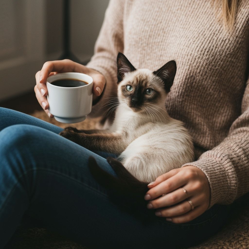 Siamese Kitten on Boho Girl's Lap with Coffee