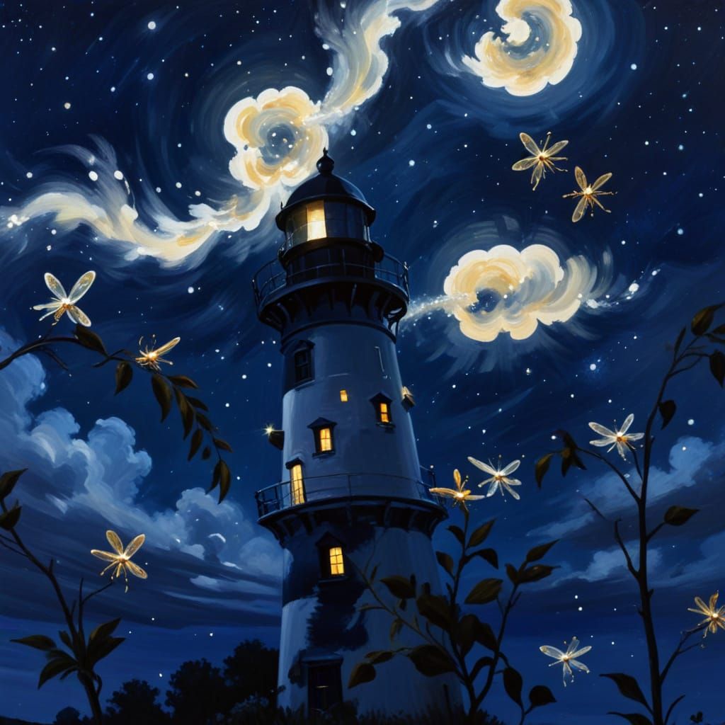 Lighthouse and Fireflies at Night: An Oil Painting