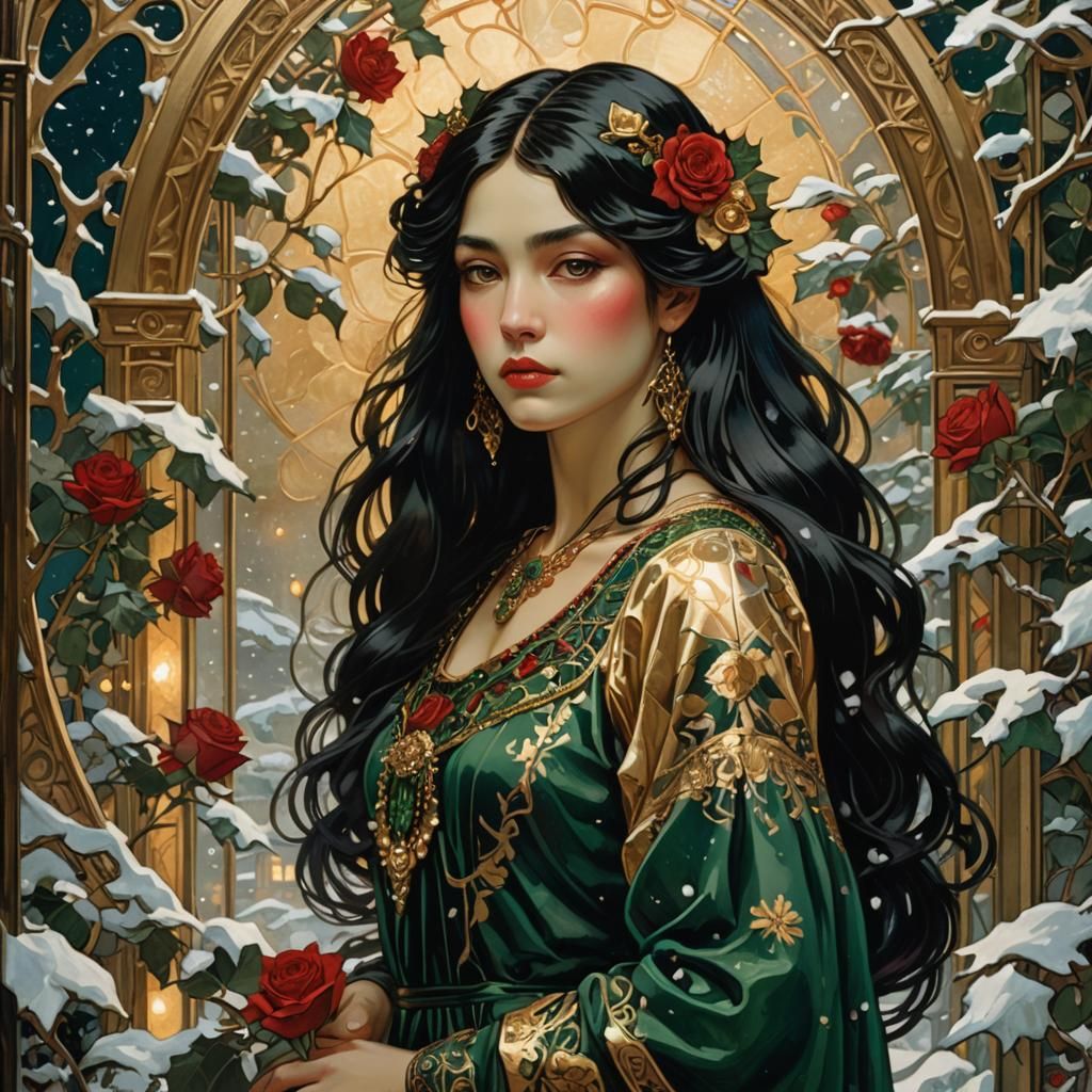 Jugendstil Girl in Christmas Setting as Painting