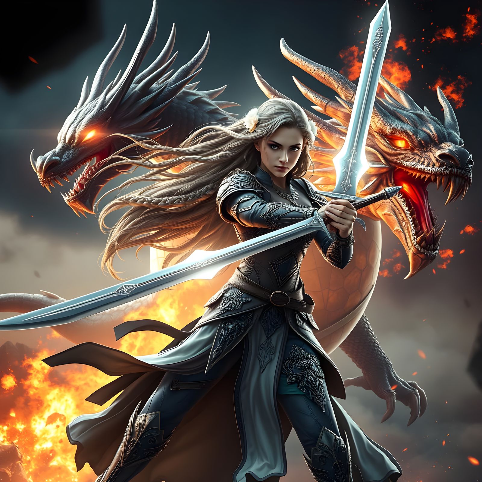 Heroine and Dragon in Epic Battle, Cinematic Lighting