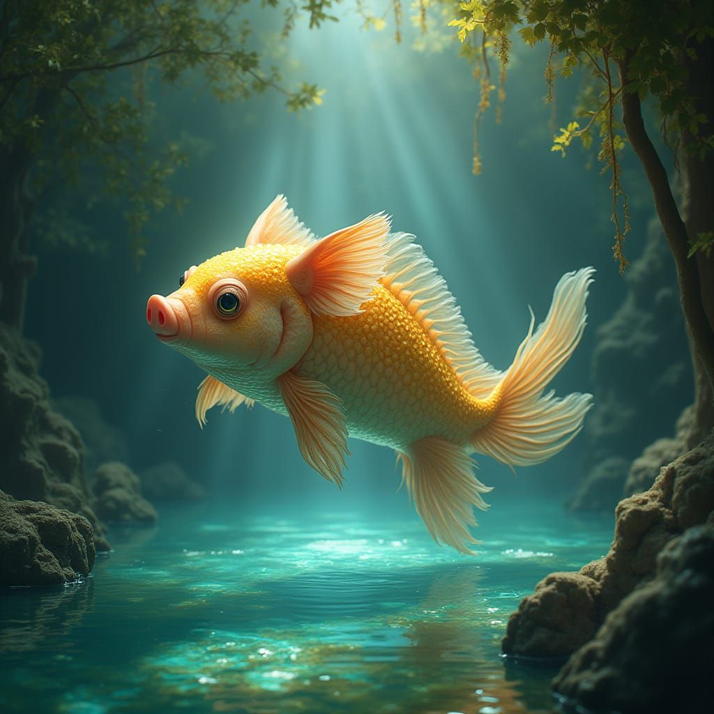 Fantastical Fish-Hog Creature in Bioluminescent Pool