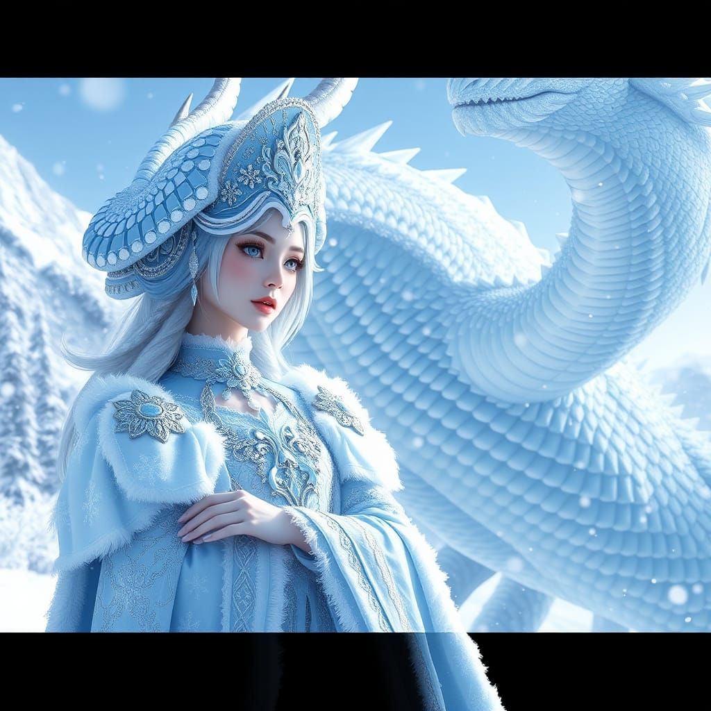 Snow Queen Commands Dragon: Anime-Inspired 3D Art