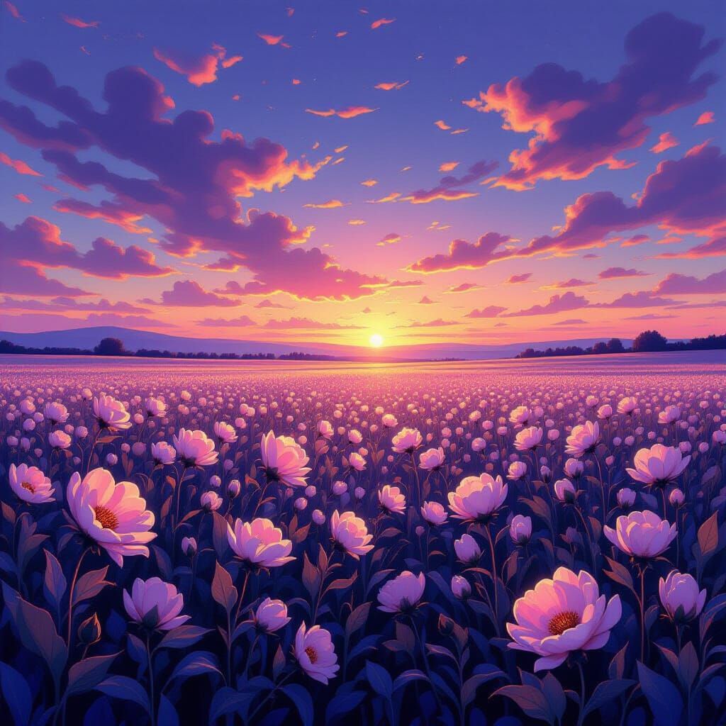 Luminous Flowers Under Twilight Sky, Impressionist Style