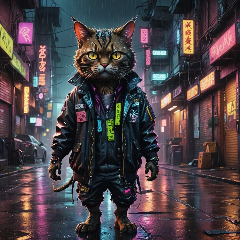 Cyberpunk Rat Fink in Rainy Cityscape