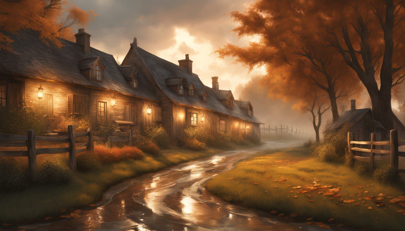 Renaissance Oil Painting: Cottages Under Stormy Skies