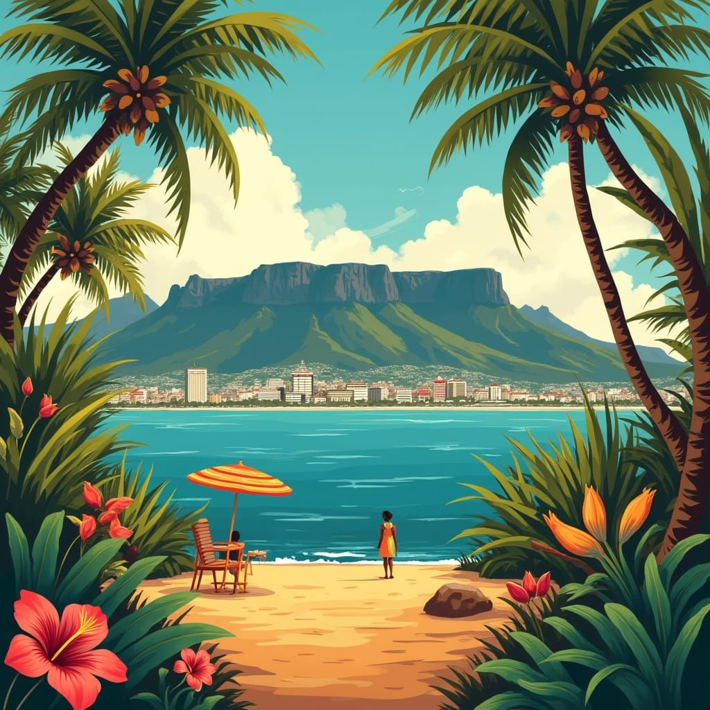 Cape Town Vintage Travel Poster in Art Deco Style