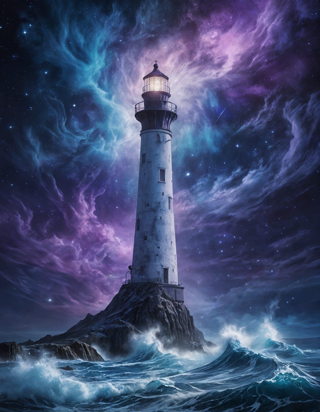 Surreal Antarctic Lighthouse Under Cosmic Woman, Oil Paintin...