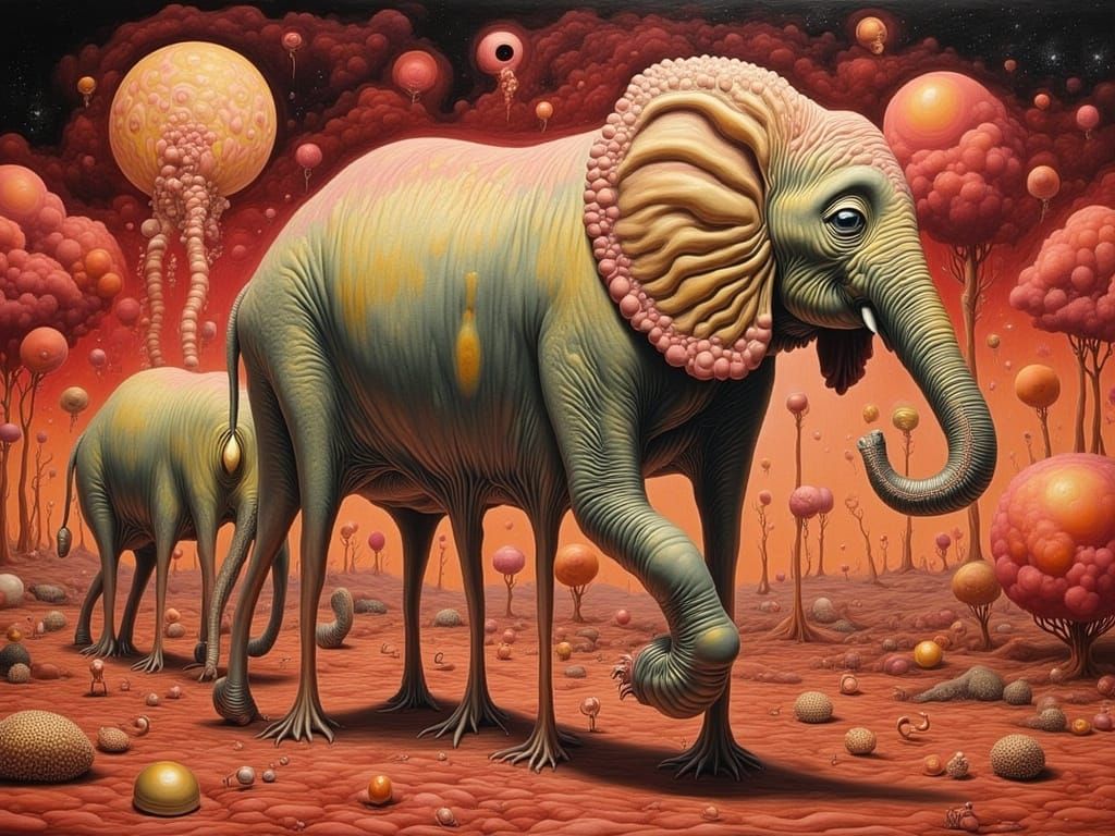 Stilted Dadaist Elephants in Surrealist Copper Landscape