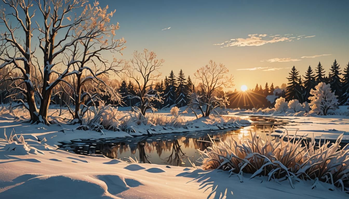 Golden Hour Winter Landscape in Digital Art