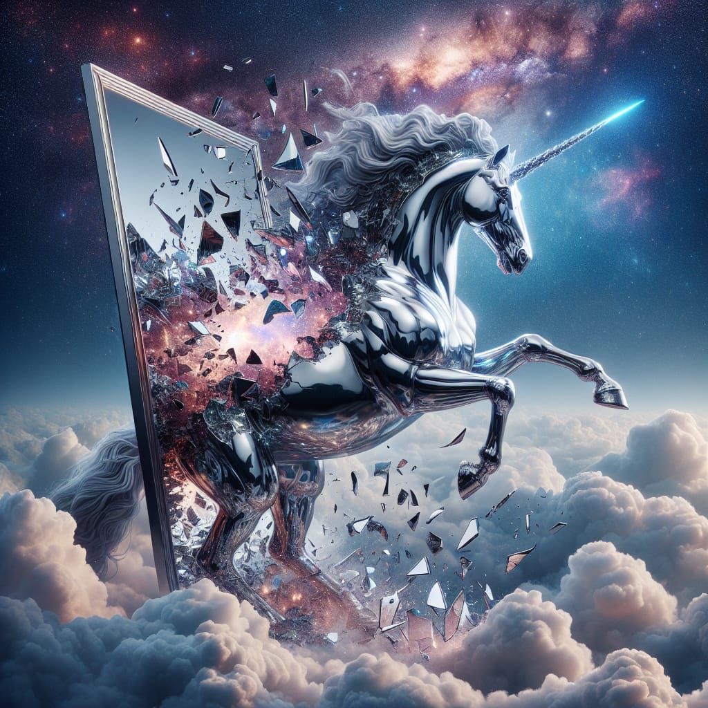 Silver Unicorn Emerges from Mirror in Galaxy