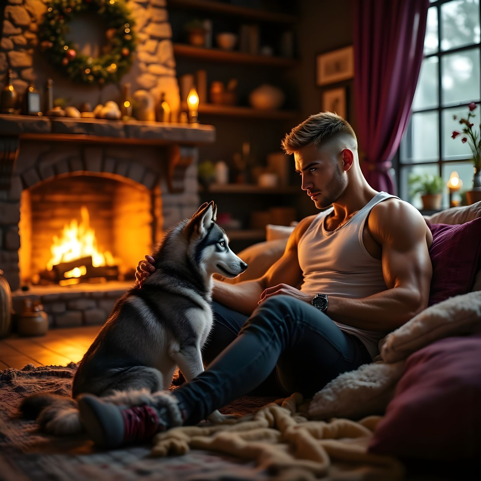 Cozy Nighttime Scene with Husky by the Fireplace