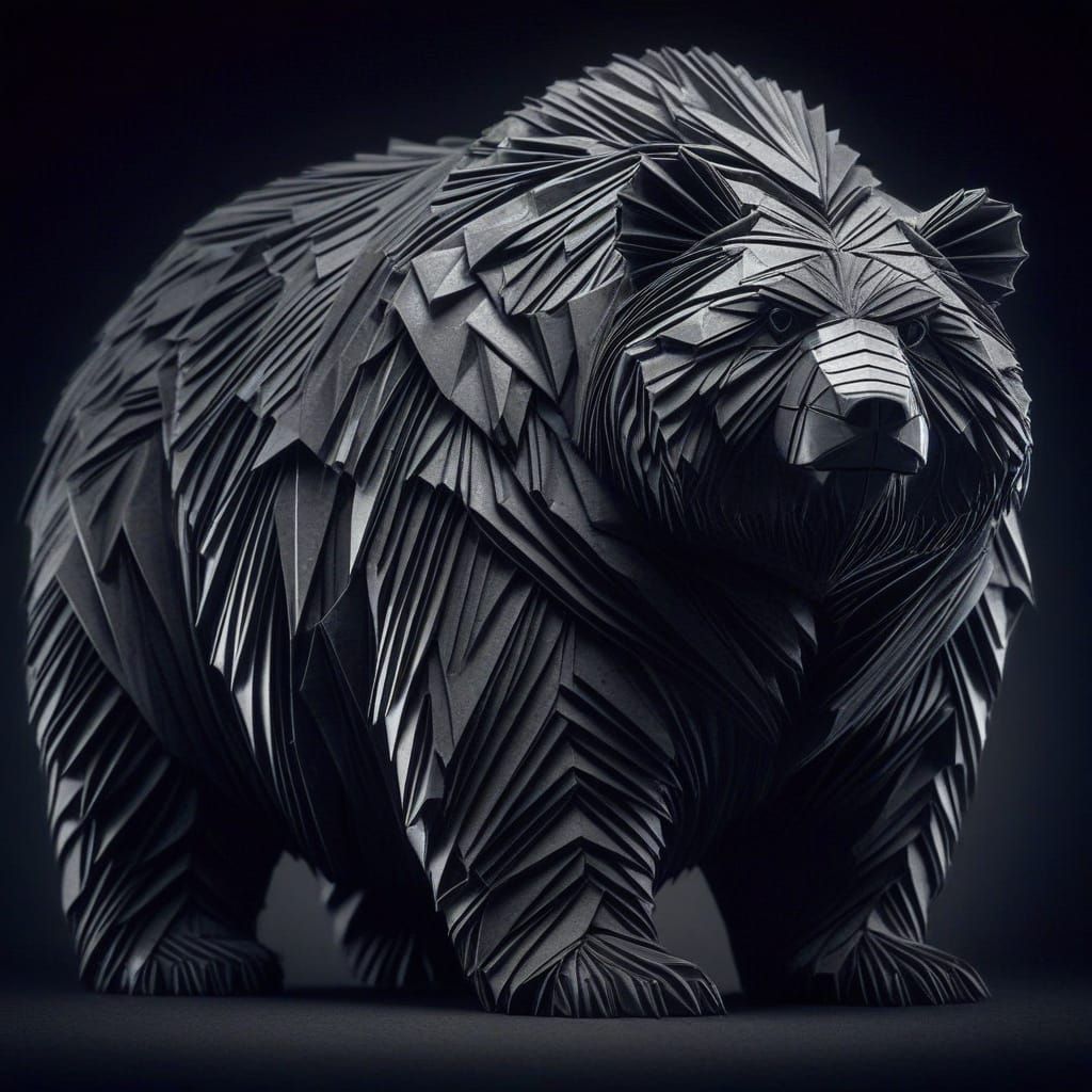 Origami Kodiak Bear in Gothic Dark Academia Style