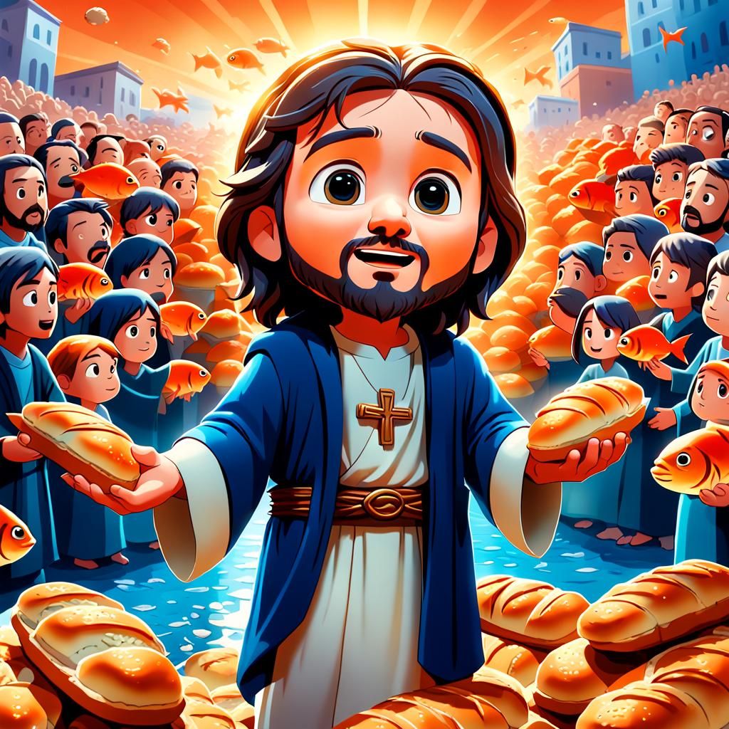Chibi Jesus Distributes Food in Pixar-Inspired Art