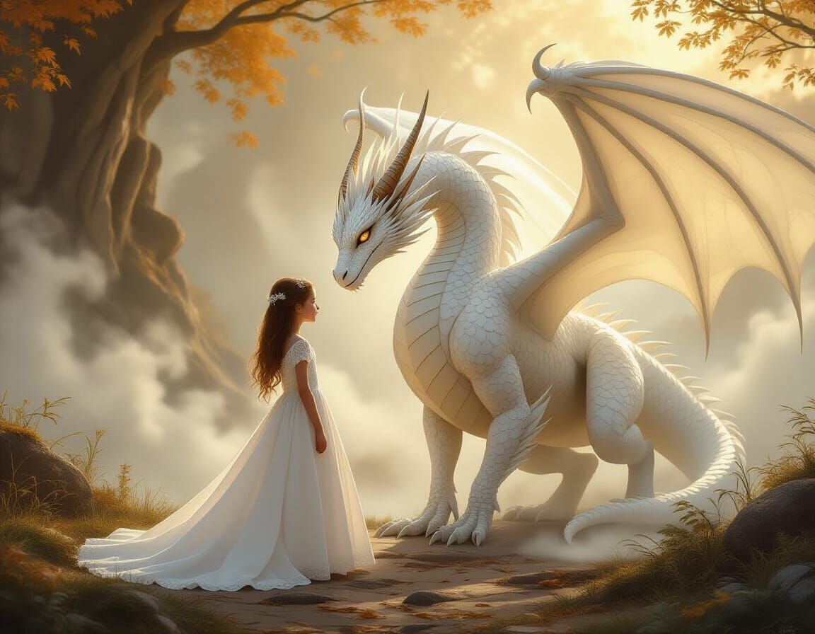 Girl and Dragon: Mystical Realism in Ethereal Mist