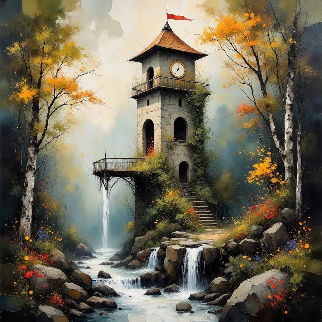 Clockwork Tower in Forest with River, Ink Wash Style