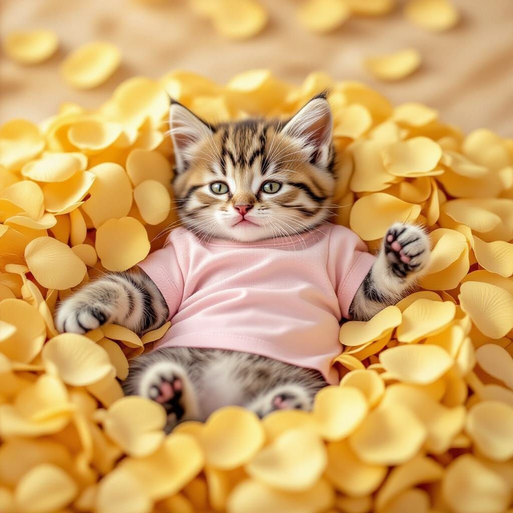 Cute Kitten Rolls in Golden Petals in Whimsical Style