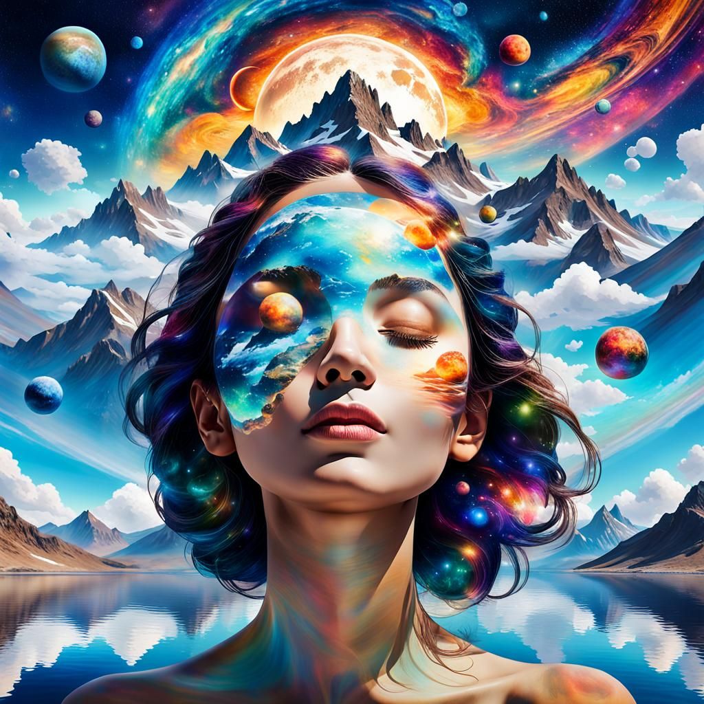 Cosmic Nature: Woman Reflecting Planets in Mosaic Art