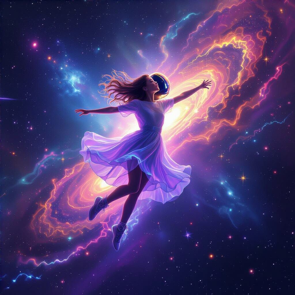 Luminous Woman Dissolving in Space: A Retro-Futuristic Dream