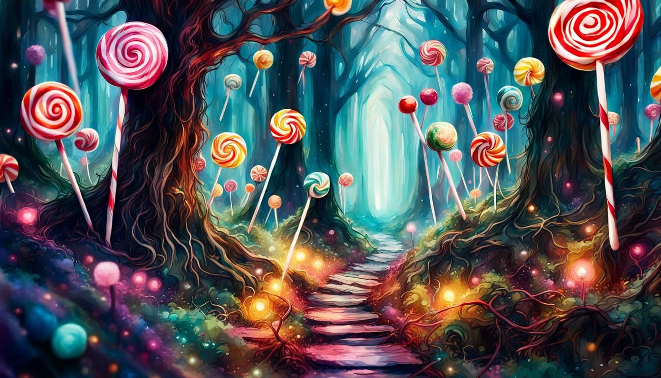 Enchanted Candy Forest Path at Night