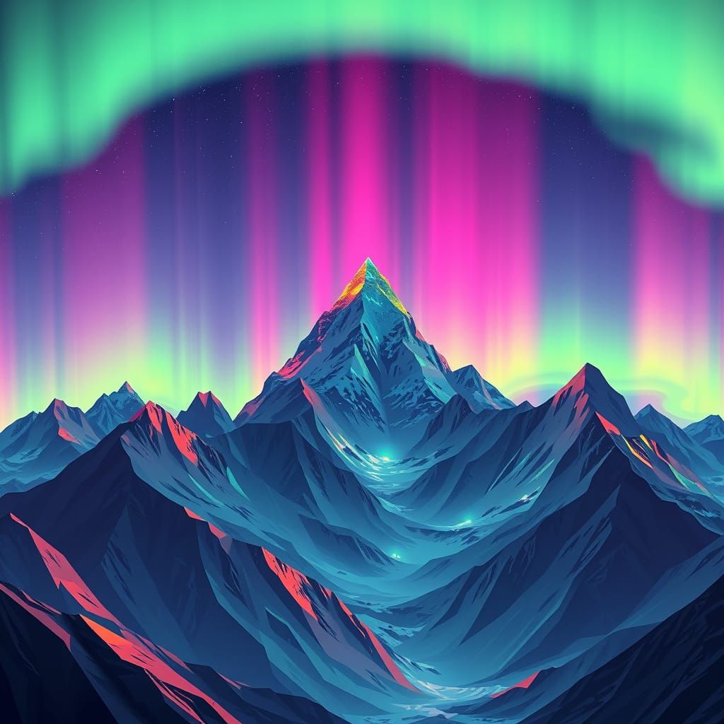 Geometric Peaks Under Vibrant Aurora Skies