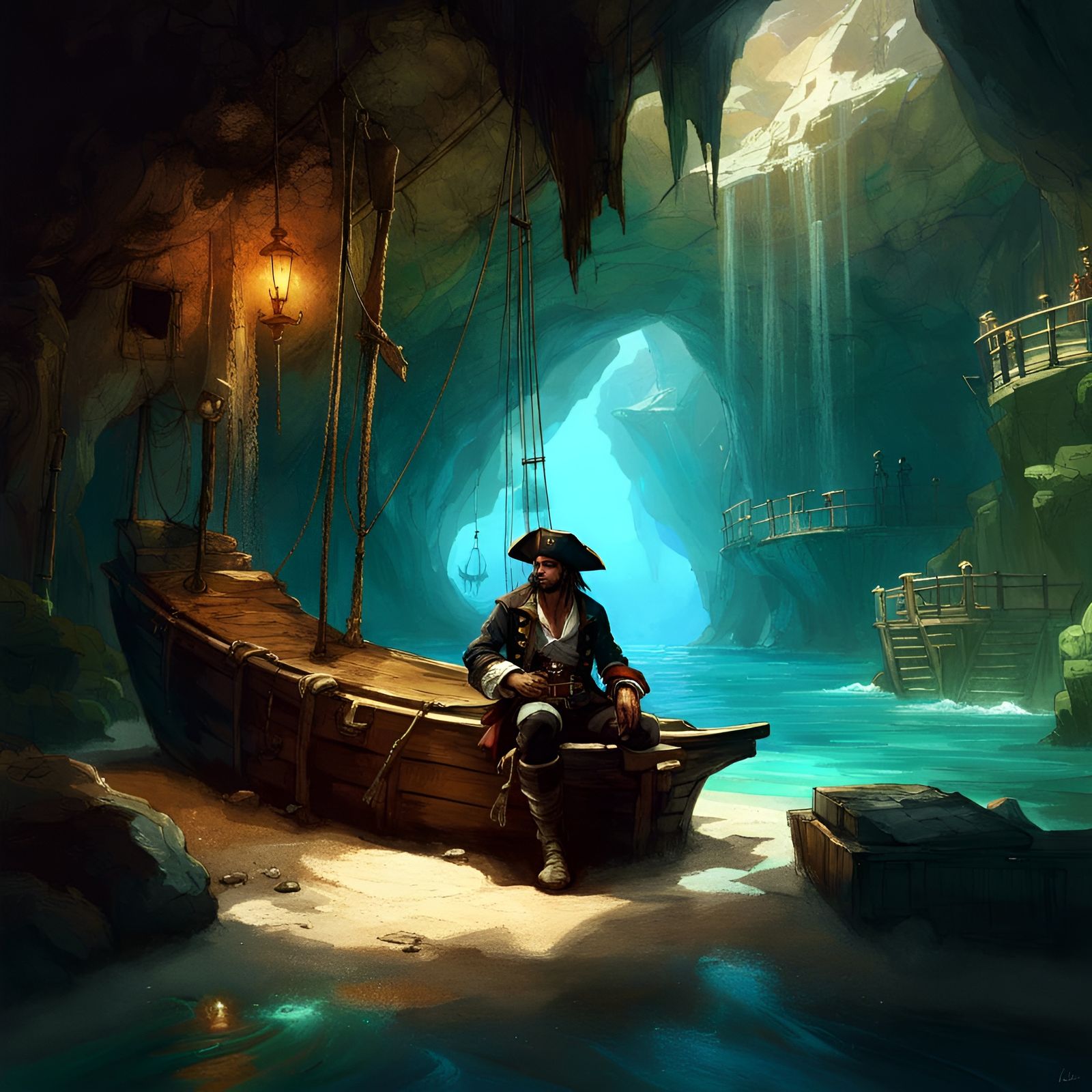 Pirate in Bioluminescent Cave with Treasure