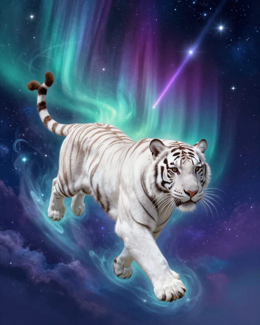 Majestic White Tiger Floats in Cosmic Aurora Sky