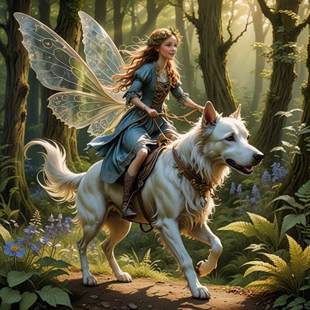 Fairy Girl Rides a Loyal Dog in Whimsical Forest