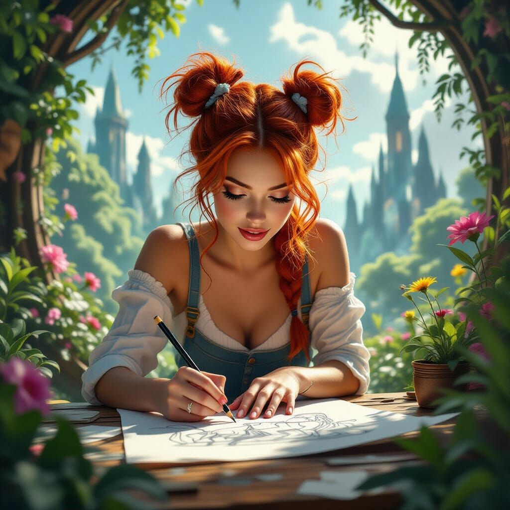 Redhead Woman Sketches Surreal Fantasy World