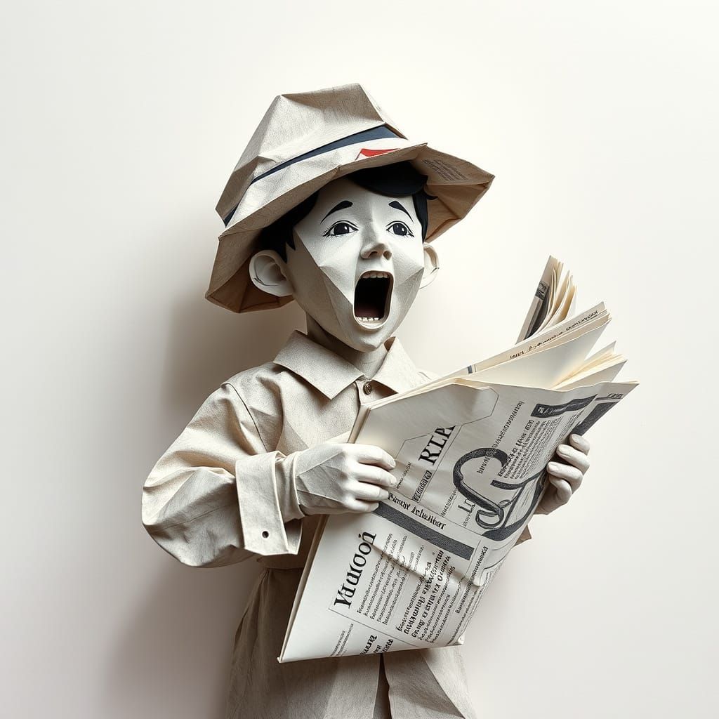 Origami Newsboy Shouts Headlines in Papercore Style
