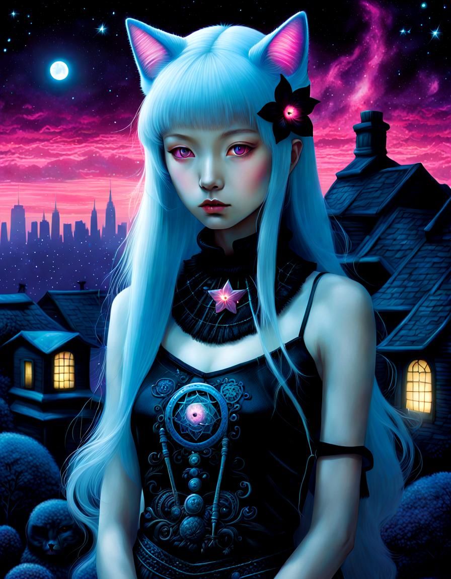 Neon Noir Neko Nymph in New York with Nebulae