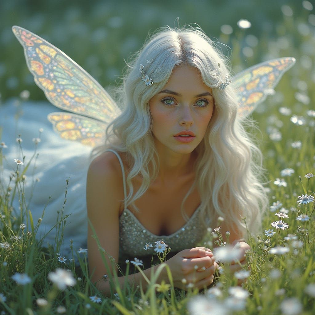 Woman with Silver Hair and Wings in Glowing Oil Painting