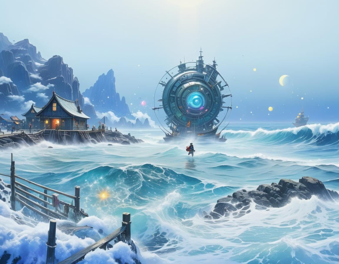 Colorful Starry Sky Over Ocean in Spacecore Style