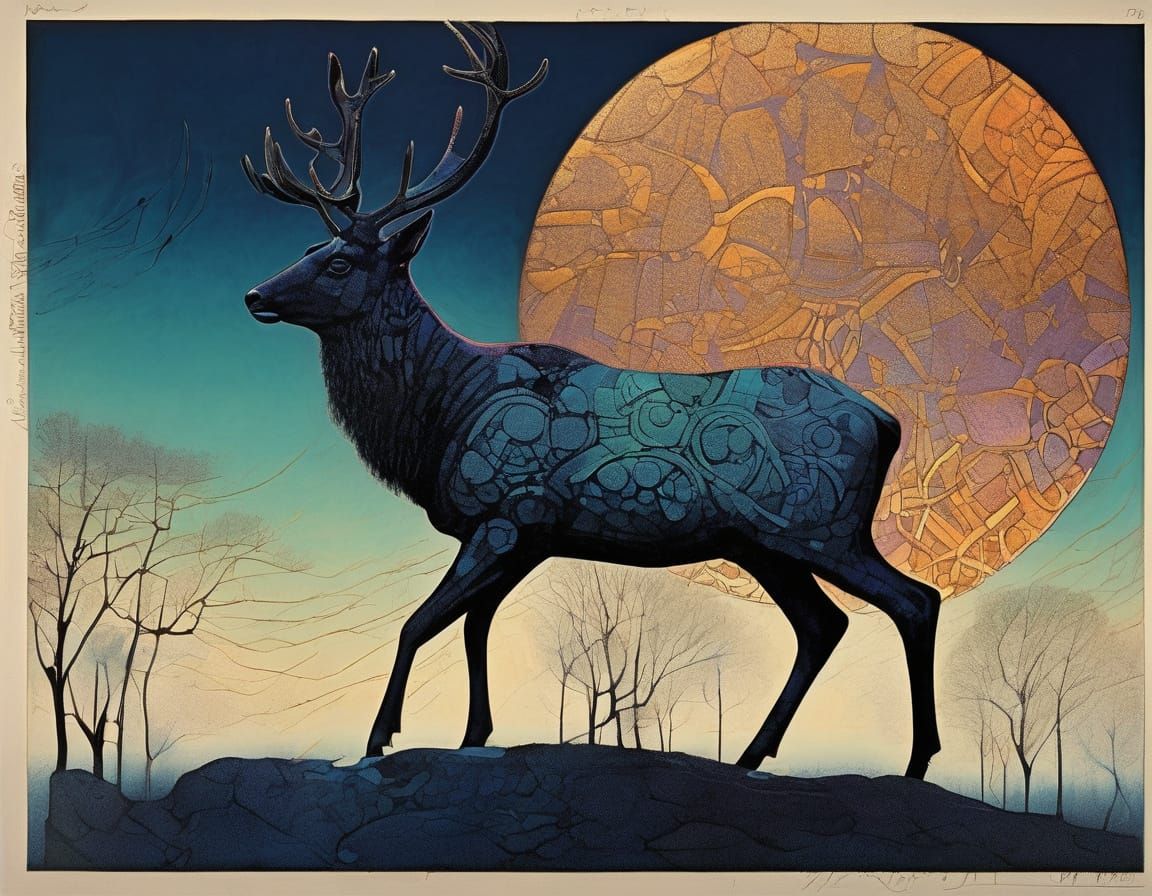 Deer Silhouette in Glowing Night Sky, Ciurlionis Style