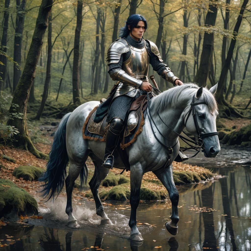 Handsome Knight on Black Horse in Romantic Forest