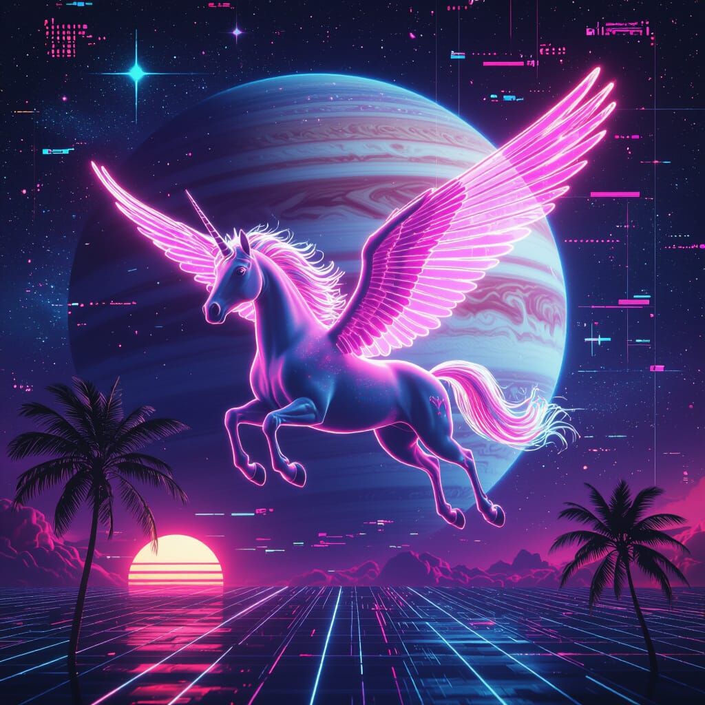 Neon Pegasus Flies Through Vaporwave Cosmic Space