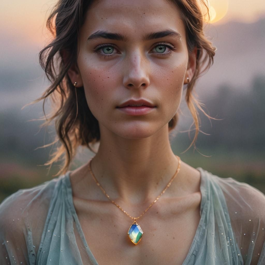 Ethereal Portrait with Glowing Gemstone Pendant