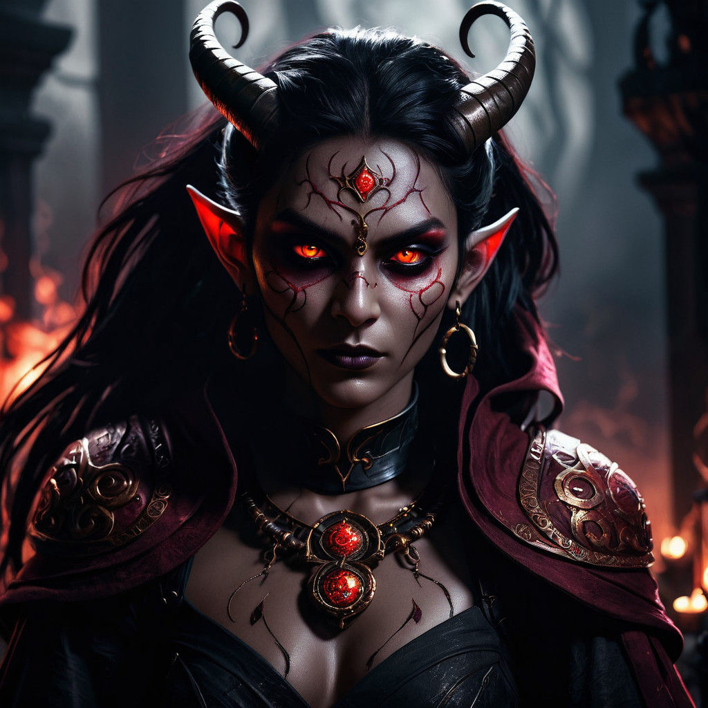 Ethereal Dark Fantasy Tiefling Sorceress with Crimson Skin a...