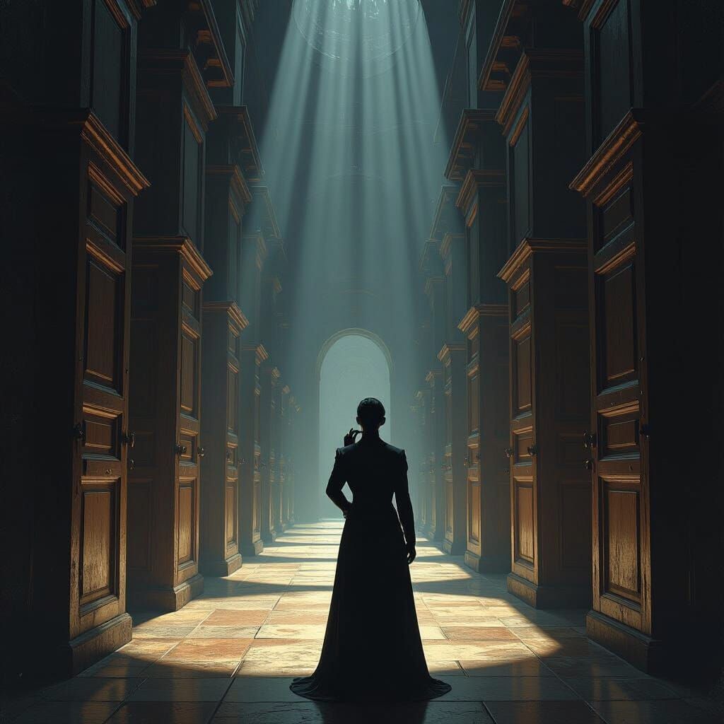 Lost Soul Faces Endless Doors in Dark Fantasy Hall