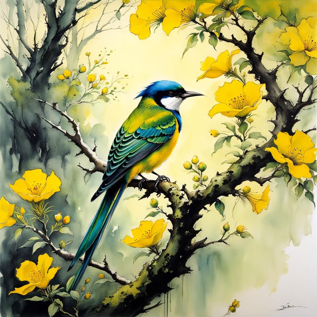 Bird on Flowering Tree in Sumi-e Style