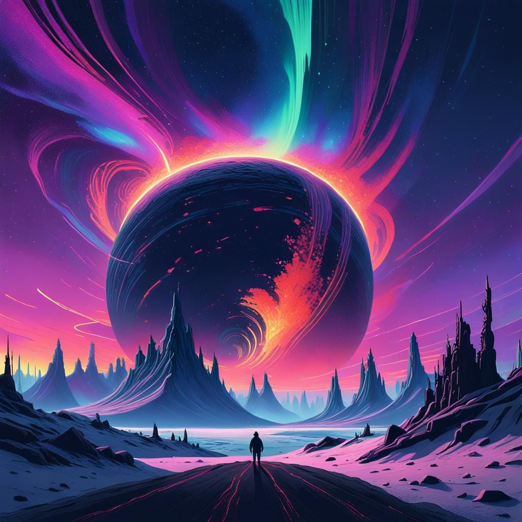 Celestial Being on Iridescent Planet in Neon Noir Style