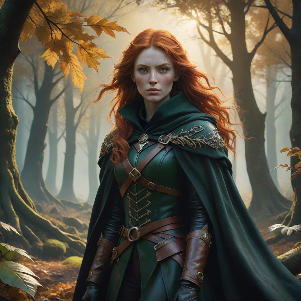 Fiery Redhead Adventurer Walks Through Mystical Forest