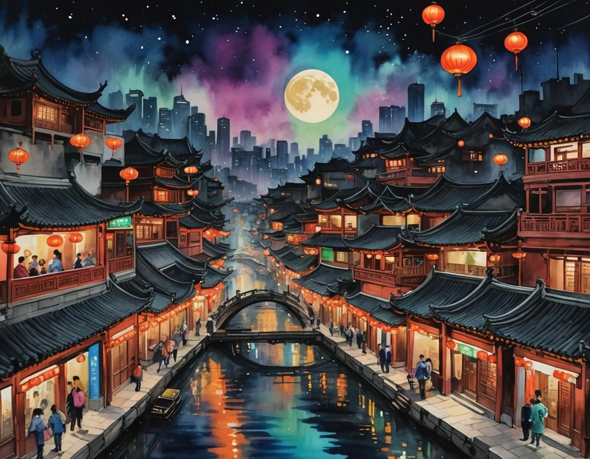 Neon Chinatown at Night: Watercolor Painting