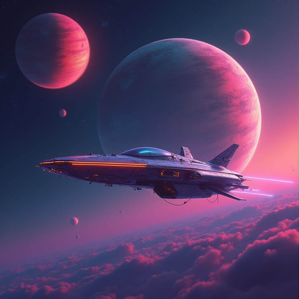 Fluorescent Planets and Spaceship in Cyberpunk Style